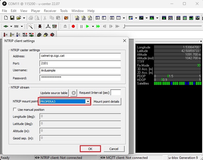 How to connect simpleRTK2B series receiver to aNTRIP correction service viaPC step7